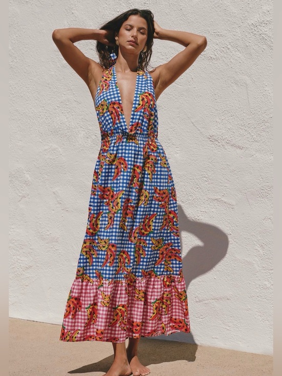FARM Rio Dresses & Skirts - Farm Rio Gingham Halter Maxi Dress with Tropical Print